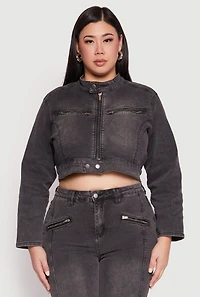 Womens Plus Almost Famous Denim Moto Cropped Jacket, Grey,