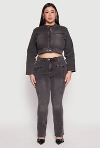 Womens Plus Almost Famous Denim Moto Cropped Jacket, Grey,