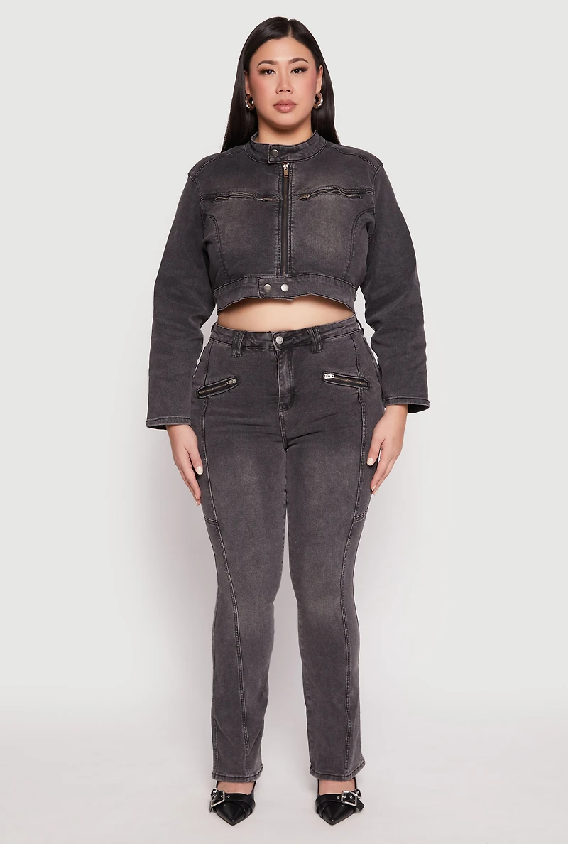 Womens Plus Size Almost Famous Denim Moto Cropped Jacket, Grey, Size 2X