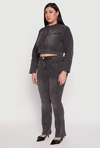 Womens Plus Almost Famous Denim Moto Cropped Jacket, Grey,
