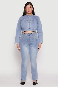 Womens Plus Size Almost Famous Denim Moto Cropped Jacket, Blue, Size 3X