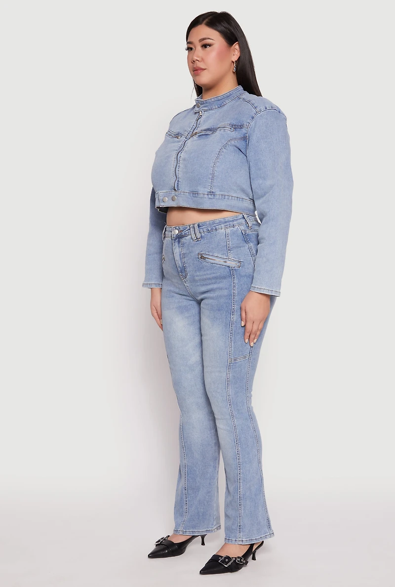 Womens Plus Size Almost Famous Denim Moto Cropped Jacket, Blue, Size 3X