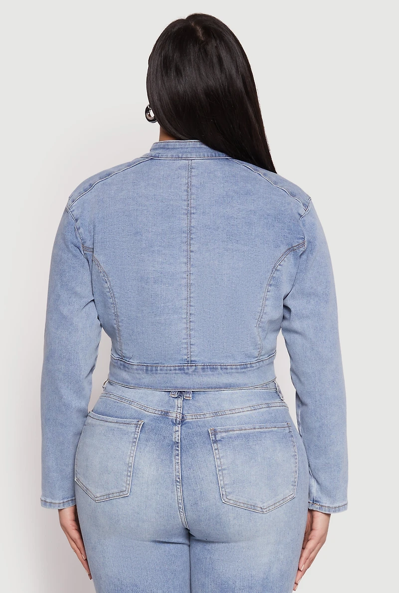Womens Plus Size Almost Famous Denim Moto Cropped Jacket, Blue, Size 3X