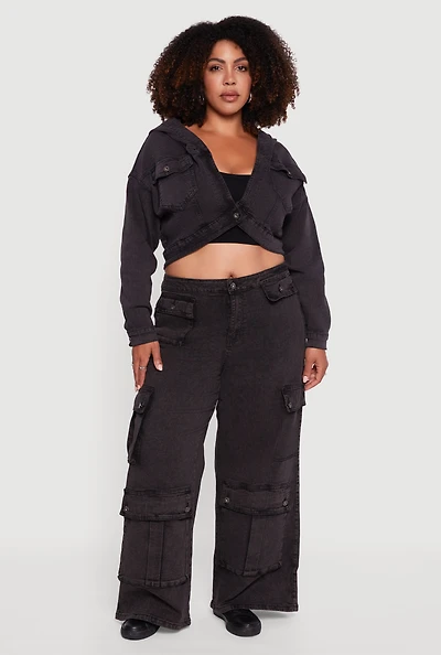Womens Plus Mineral Wash Wide Leg Utility Jeans,