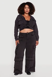 Womens Plus Size Mineral Wash Wide Leg Utility Jeans, Black, Size 1X
