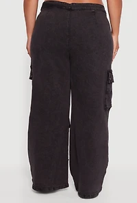 Womens Plus Size Mineral Wash Wide Leg Utility Jeans, Black, Size 1X