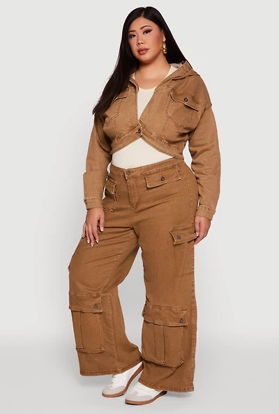 Womens Plus Size Mineral Wash Wide Leg Utility Jeans, Brown, Size 3X