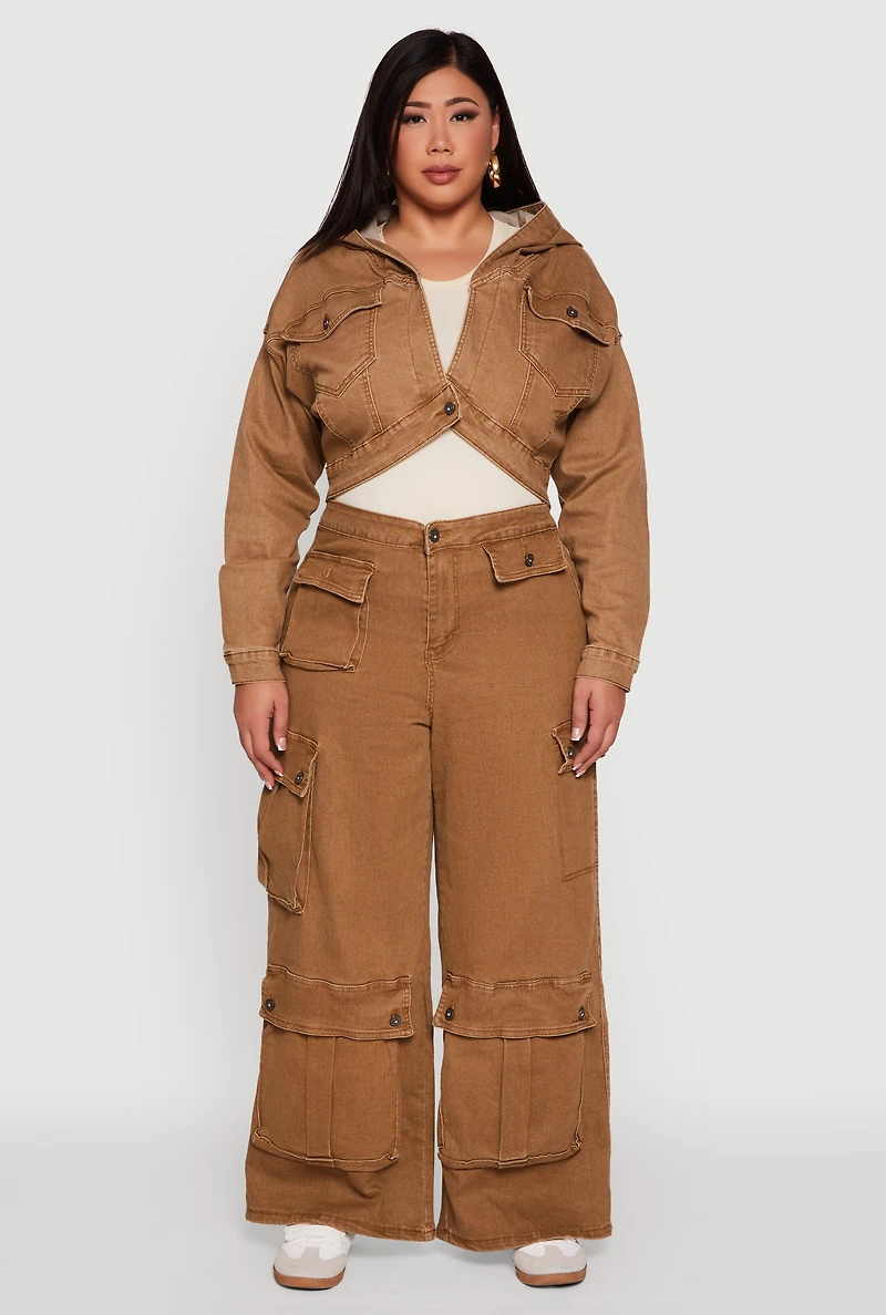 Womens Plus Size Mineral Wash Wide Leg Utility Jeans, Brown, Size 3X