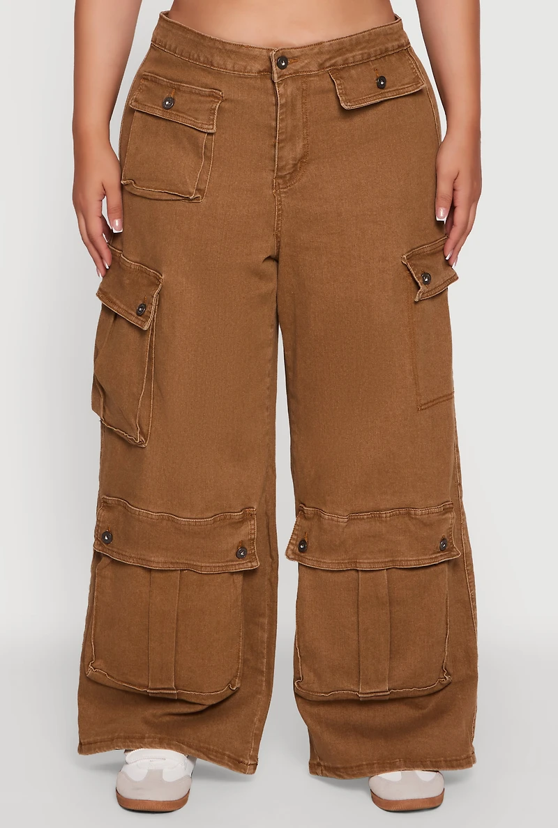 Womens Plus Size Mineral Wash Wide Leg Utility Jeans, Brown, Size 3X