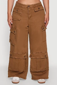 Womens Plus Size Mineral Wash Wide Leg Utility Jeans, Brown, Size 3X