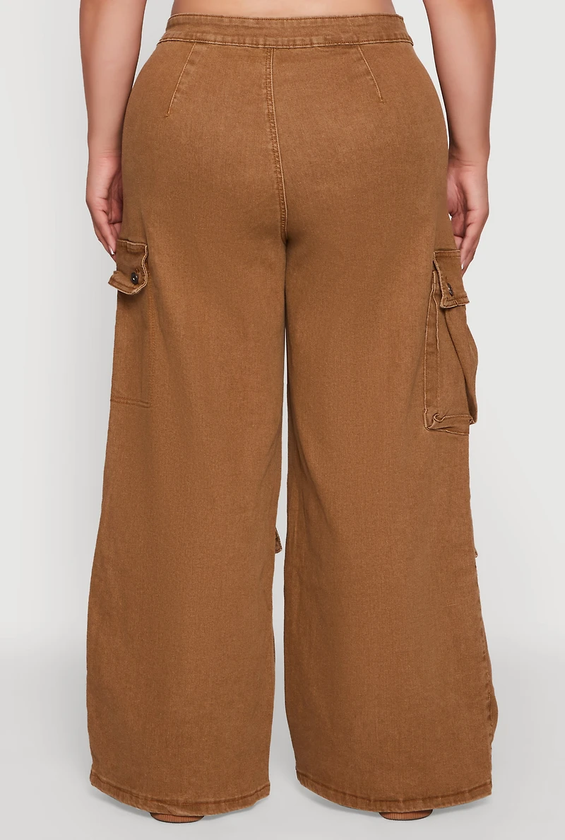 Womens Plus Size Mineral Wash Wide Leg Utility Jeans, Brown, Size 3X