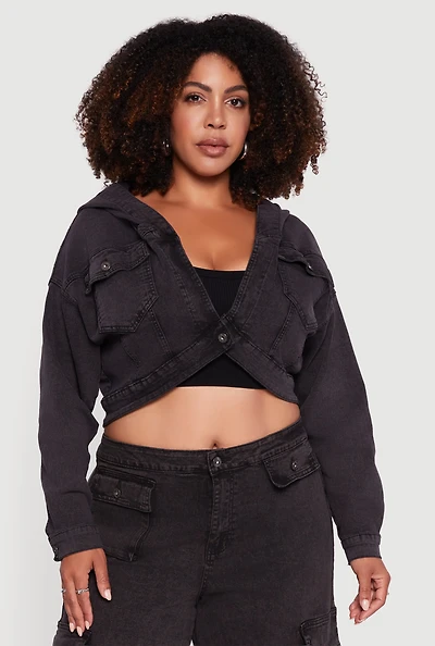 Womens Plus Size Mineral Wash Cropped Hooded Denim Jacket, Black, Size 1X