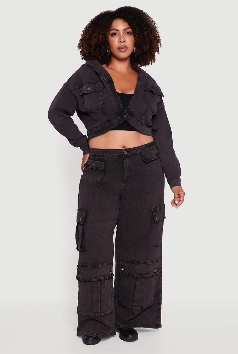 Womens Plus Size Mineral Wash Cropped Hooded Denim Jacket, Black, Size 1X