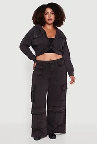 Womens Plus Size Mineral Wash Cropped Hooded Denim Jacket, Black, Size 1X