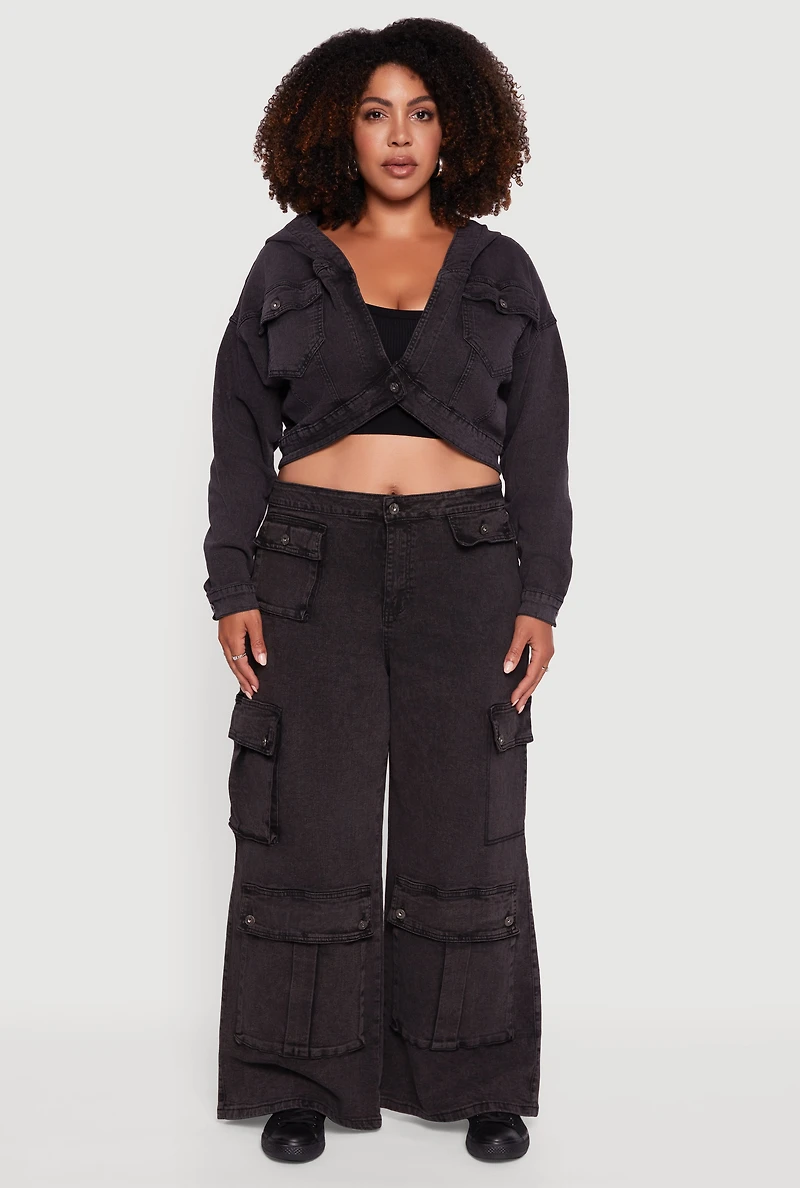 Womens Plus Mineral Wash Cropped Hooded Denim Jacket,