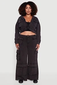 Womens Plus Mineral Wash Cropped Hooded Denim Jacket,