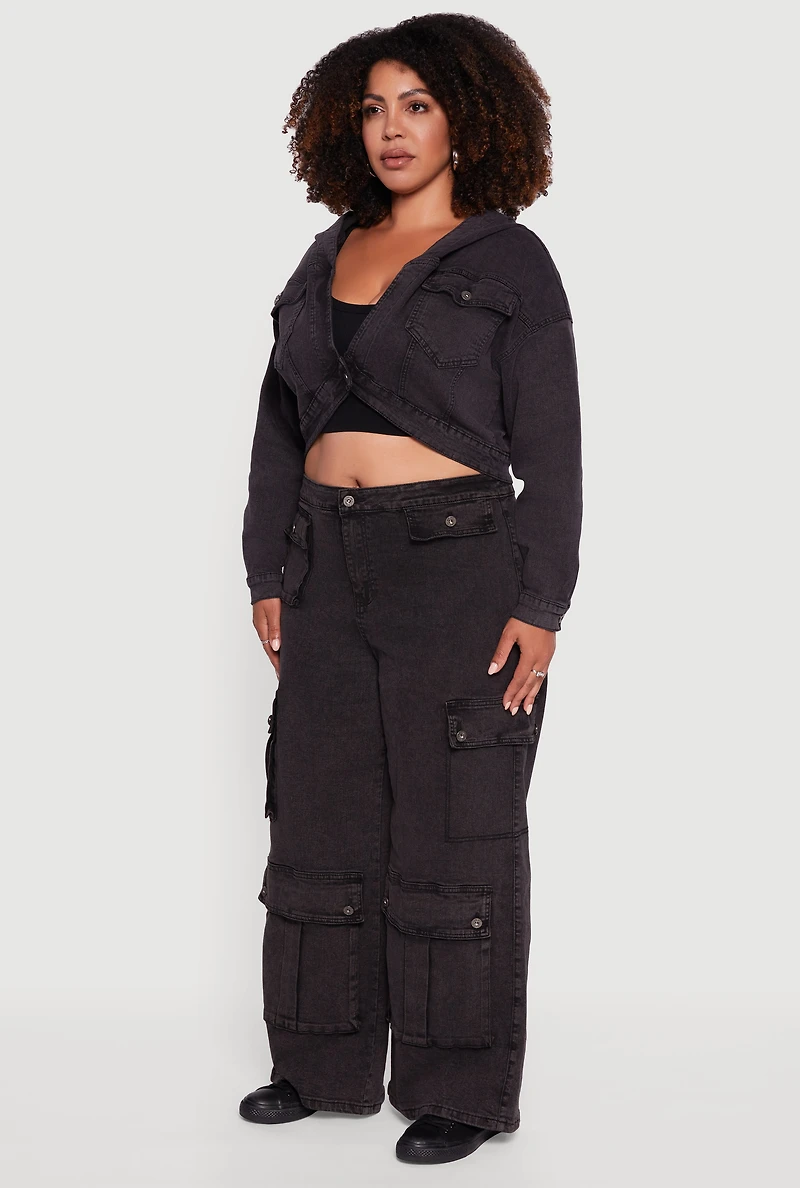 Womens Plus Size Mineral Wash Cropped Hooded Denim Jacket, Black, Size 1X