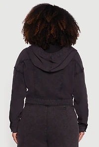 Womens Plus Size Mineral Wash Cropped Hooded Denim Jacket, Black, Size 1X