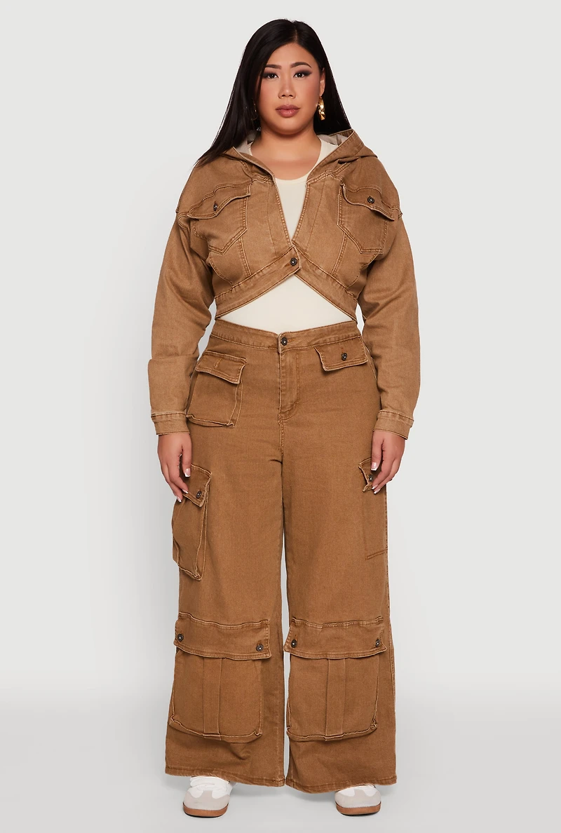 Womens Plus Size Mineral Wash Cropped Hooded Denim Jacket, Brown, Size 2X