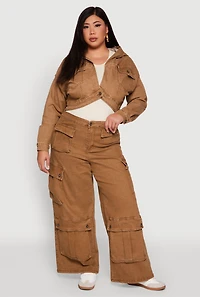 Womens Plus Size Mineral Wash Cropped Hooded Denim Jacket, Brown, Size 2X