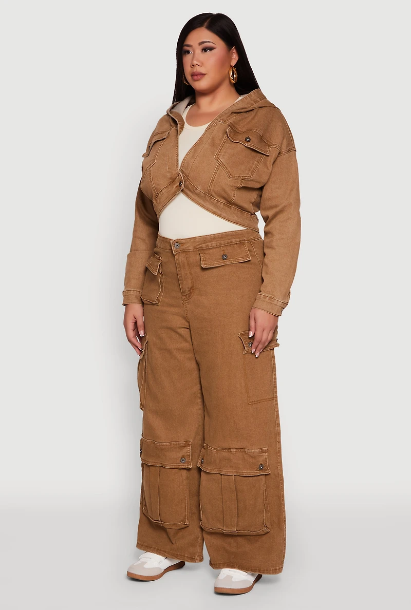 Womens Plus Size Mineral Wash Cropped Hooded Denim Jacket, Brown, Size 2X