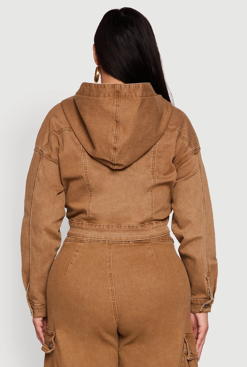 Womens Plus Size Mineral Wash Cropped Hooded Denim Jacket, Brown, Size 2X