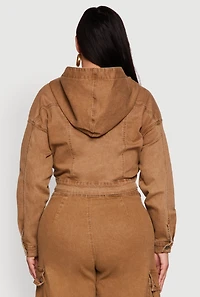 Womens Plus Size Mineral Wash Cropped Hooded Denim Jacket, Brown, Size 2X