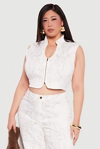 Plus Western Decorative Stitch Zip Front Denim Vest