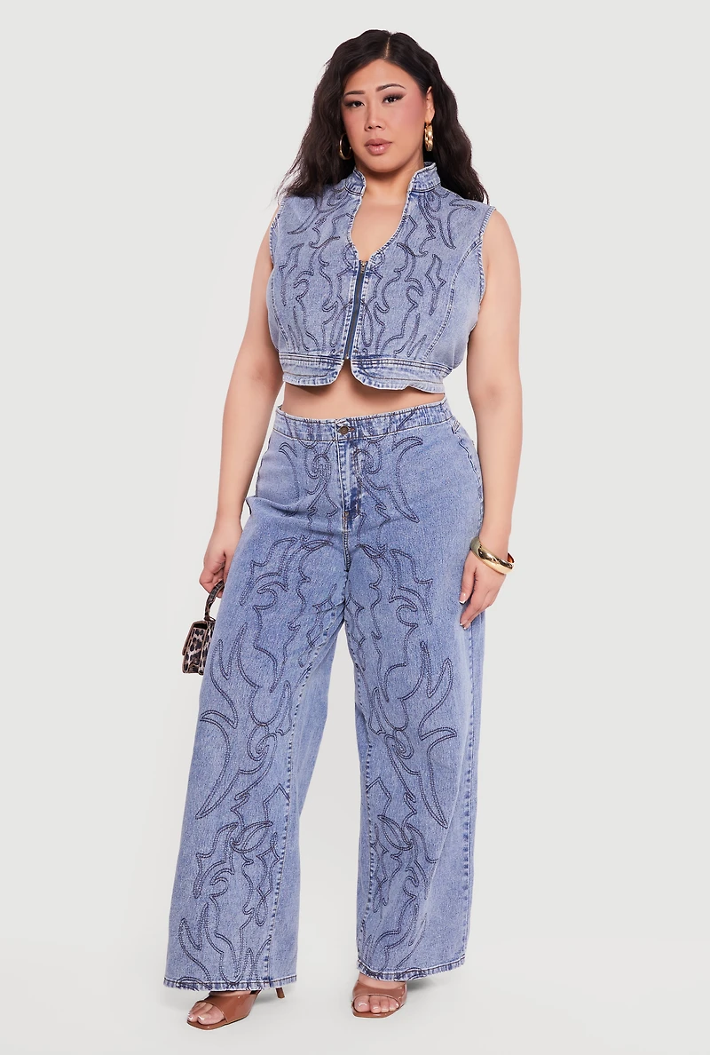 Plus Western Decorative Stitch Zip Front Denim Vest