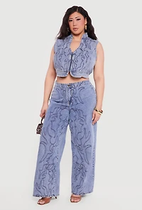 Plus Western Decorative Stitch Zip Front Denim Vest