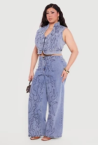 Plus Western Decorative Stitch Zip Front Denim Vest