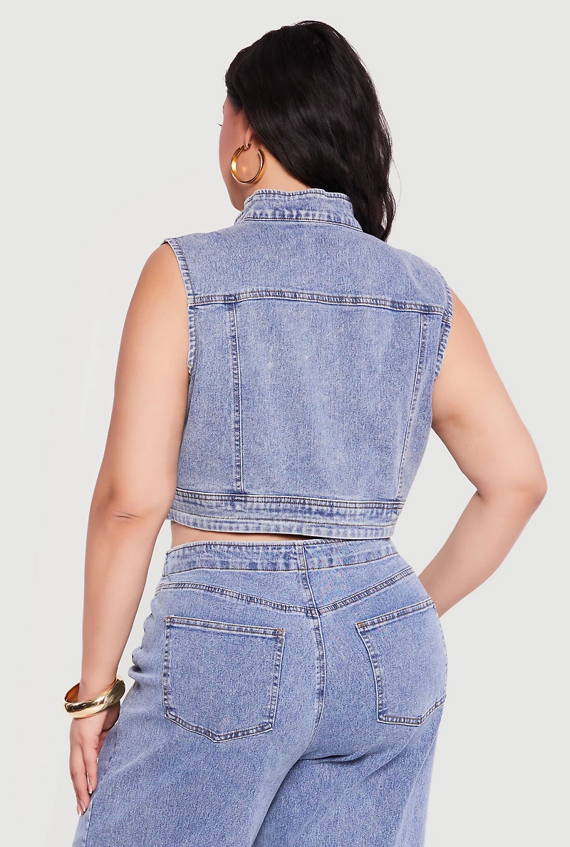 Plus Western Decorative Stitch Zip Front Denim Vest
