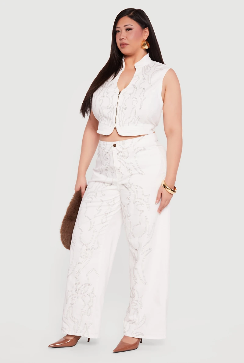 Plus Western Decorative Stitch High Waisted Jeans