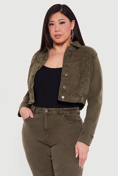 Plus Studded Western Decorative Stitch Jean Jacket