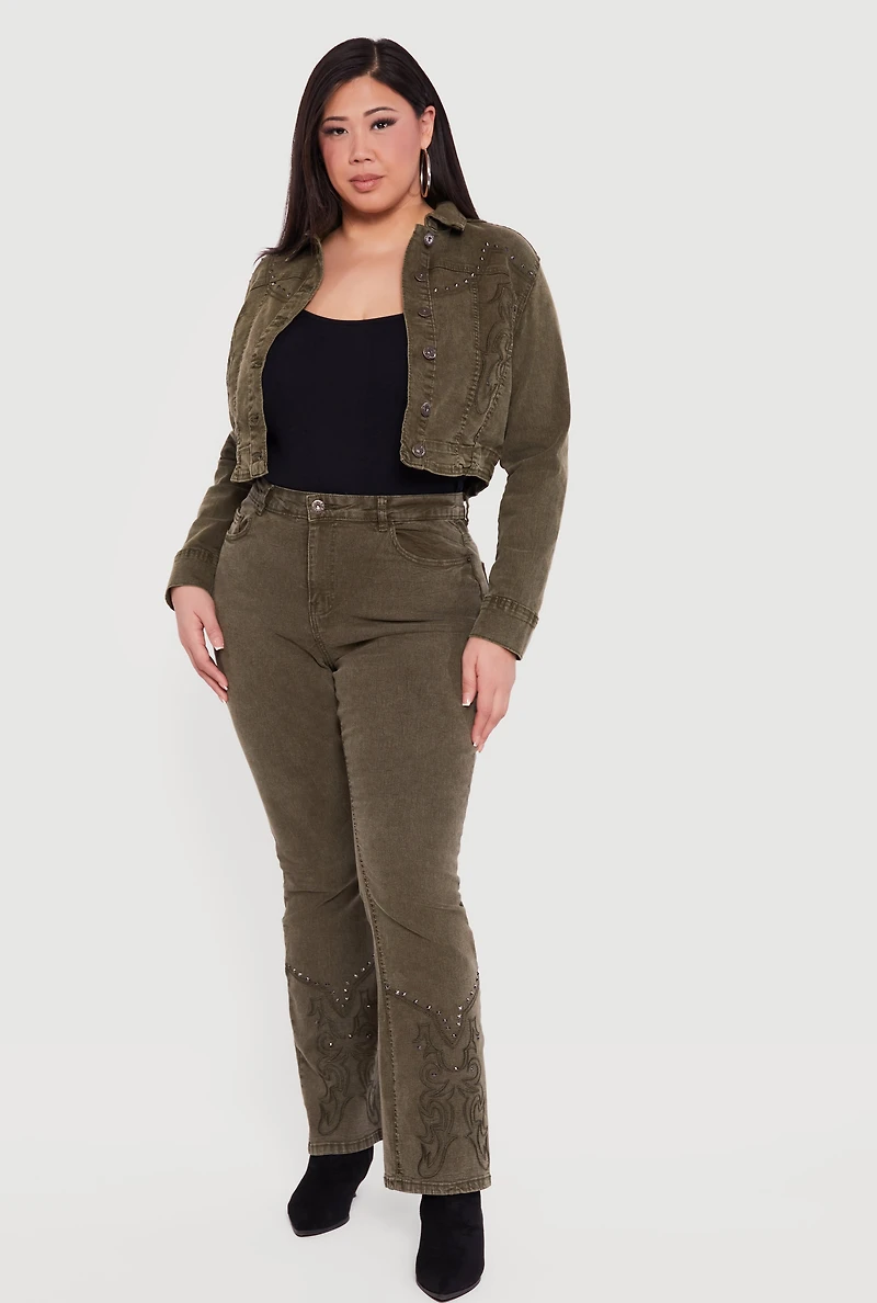 Plus Studded Western Decorative Stitch Jean Jacket