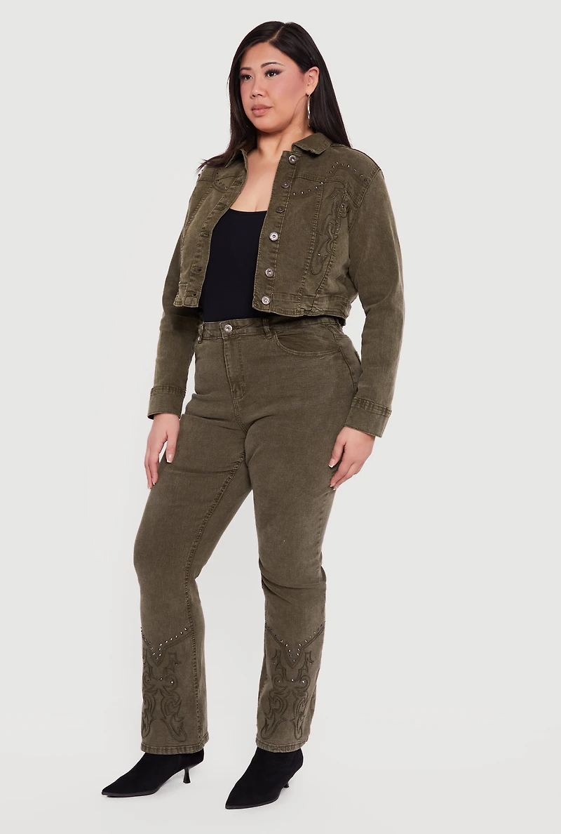 Plus Western Decorative Stitch Straight Leg Jeans