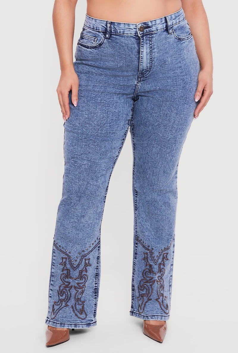 Plus Western Decorative Stitch Straight Leg Jeans