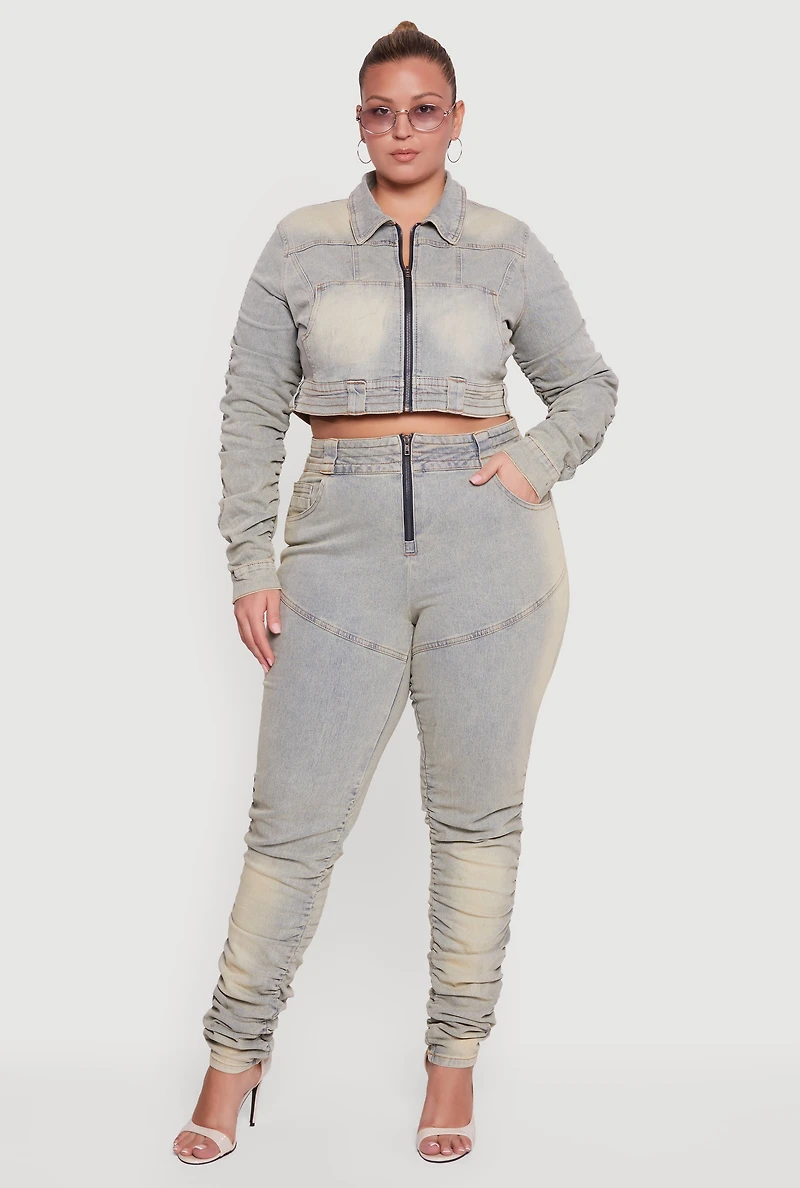 Womens Plus Size Side Ruched Acid Wash Cropped Jean Jacket, Blue, Size 3X