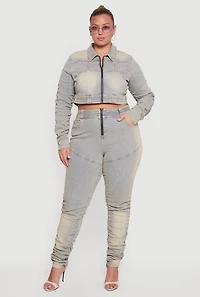 Womens Plus Size Side Ruched Acid Wash Cropped Jean Jacket, Blue, Size 3X