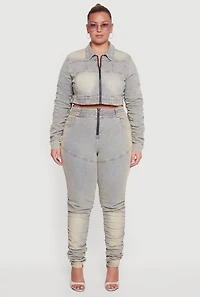 Womens Plus Size Side Ruched Acid Wash Cropped Jean Jacket, Blue, Size 3X