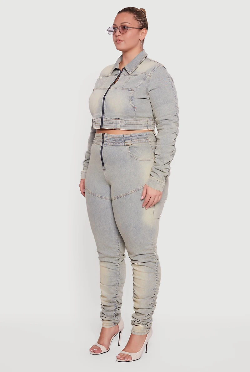 Womens Plus Size Side Ruched Acid Wash Cropped Jean Jacket, Blue, Size 3X