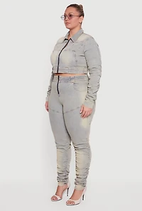 Womens Plus Size Side Ruched Acid Wash Cropped Jean Jacket, Blue, Size 3X