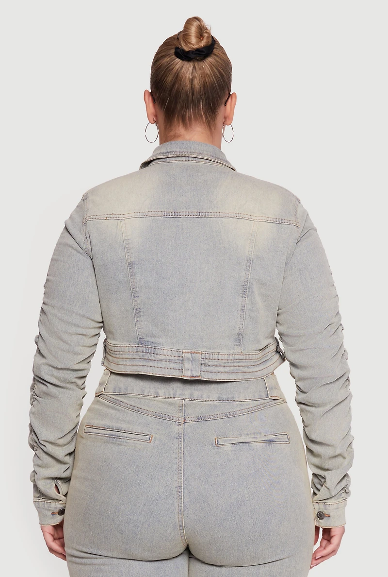 Womens Plus Size Side Ruched Acid Wash Cropped Jean Jacket, Blue, Size 3X