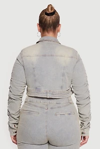 Womens Plus Size Side Ruched Acid Wash Cropped Jean Jacket, Blue, Size 3X