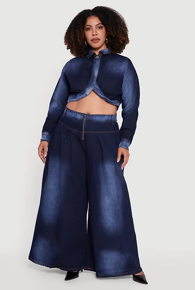 Womens Plus Size Elastic High Waisted Wide Leg Jeans, Blue, Size 3X