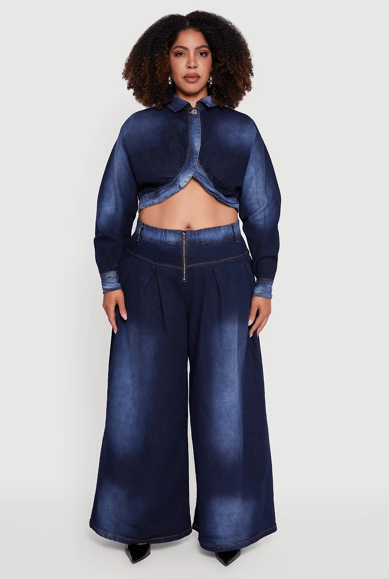 Plus Elastic High Waisted Wide Leg Jeans