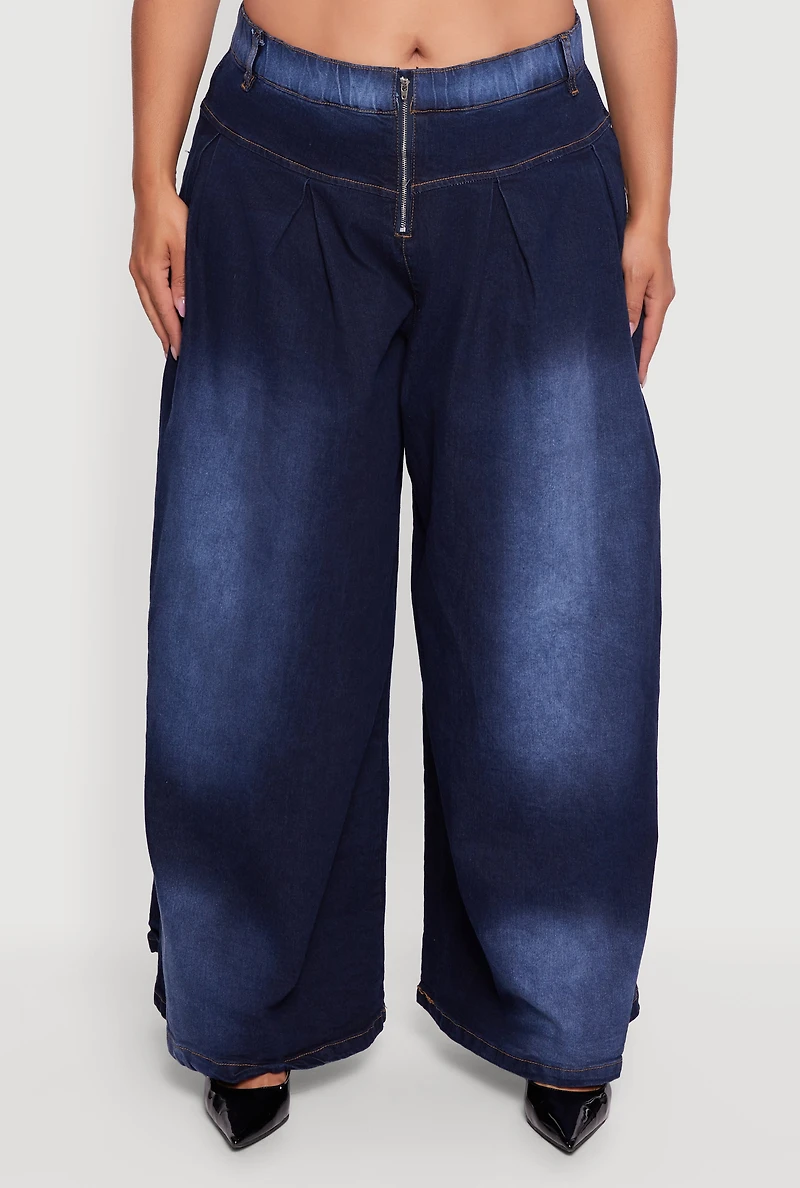 Plus Elastic High Waisted Wide Leg Jeans