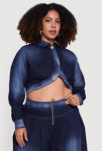 Womens Plus One Button Denim Bolero Jacket, Blue,