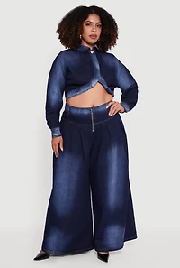 Womens Plus One Button Denim Bolero Jacket, Blue,