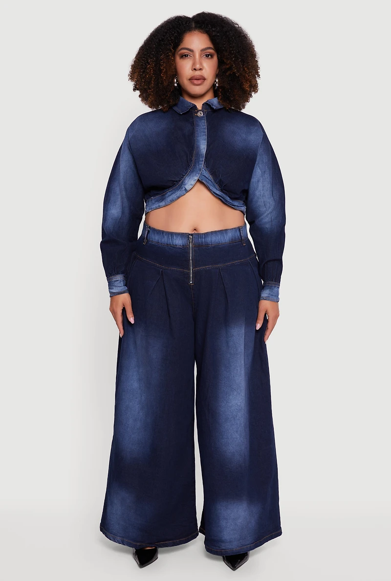 Womens Plus One Button Denim Bolero Jacket, Blue,